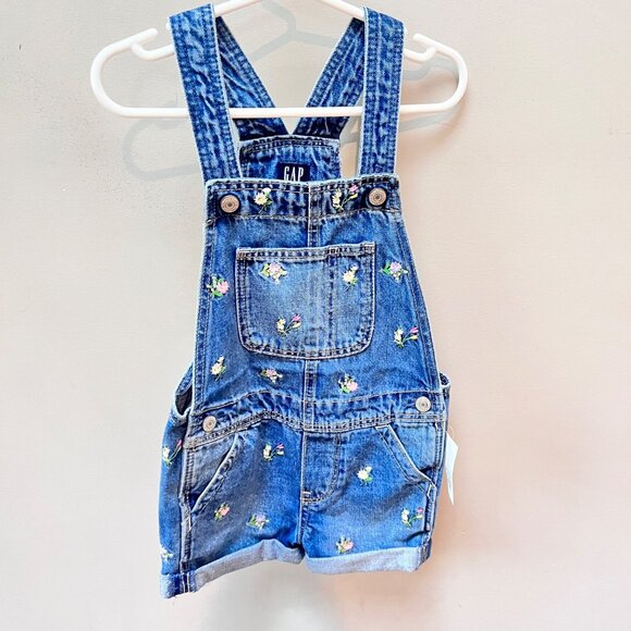 NEW Gap Denim Toddler Overalls 4Y Floral Embroidery‎ Adjustable Straps - Picture 1 of 5